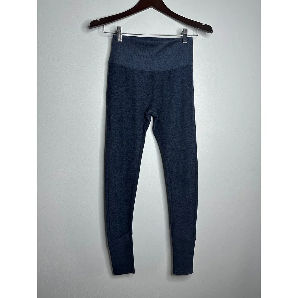 Alo‎ Yoga Alosoft Lounge Leggings Womens S Navy Heather EUC High Waist Ribbed